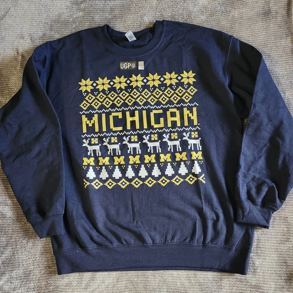 University Of Michigan College Holiday Sweatshirt Unisex Sz L Navy Collegiate, - Picture 2 of 8